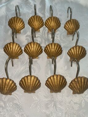 Gold scallop Shell Shower Curtain Hooks - Set of 12 nautical seaside vibe